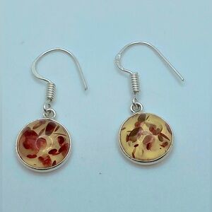 Vtg Sterling & Amber Cabochon Round Shepherds Hook Dangle Earrings 1.2”